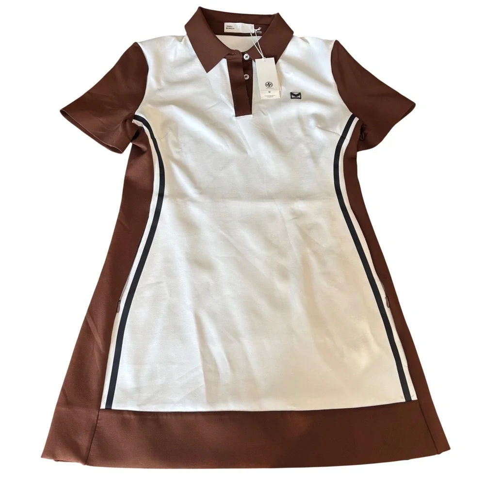 Tory Burch Neoprene Polo Golf Dress Snow White and Mocha Chip 161375 Size L NWT